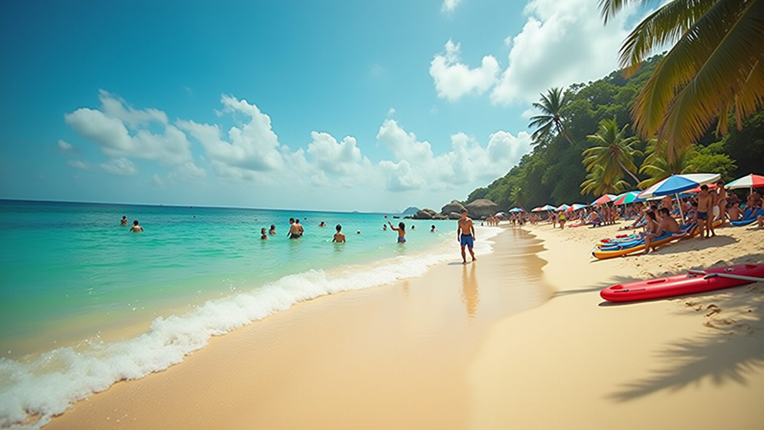 O que esperar de experiências de lazer em viagens para o litoral Pessoas aproveitando atividades de lazer em praia vibrante no litoral brasileiro.