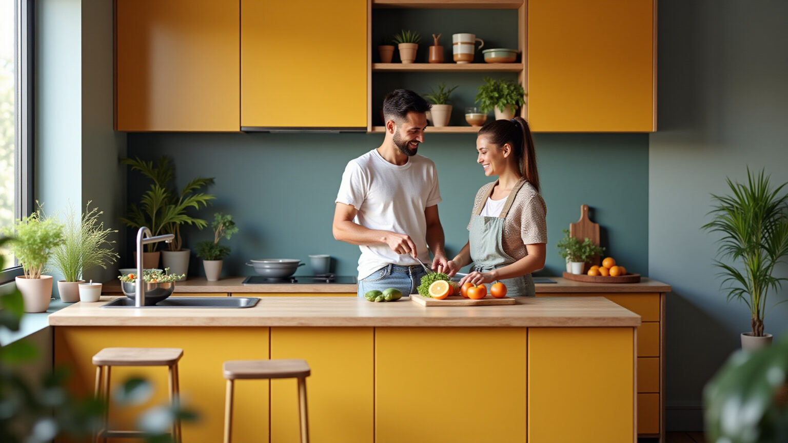 Cozinha pequena planejada, funcional e vibrante com casal brasileiro feliz.