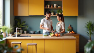 Cozinha pequena planejada, funcional e vibrante com casal brasileiro feliz.
