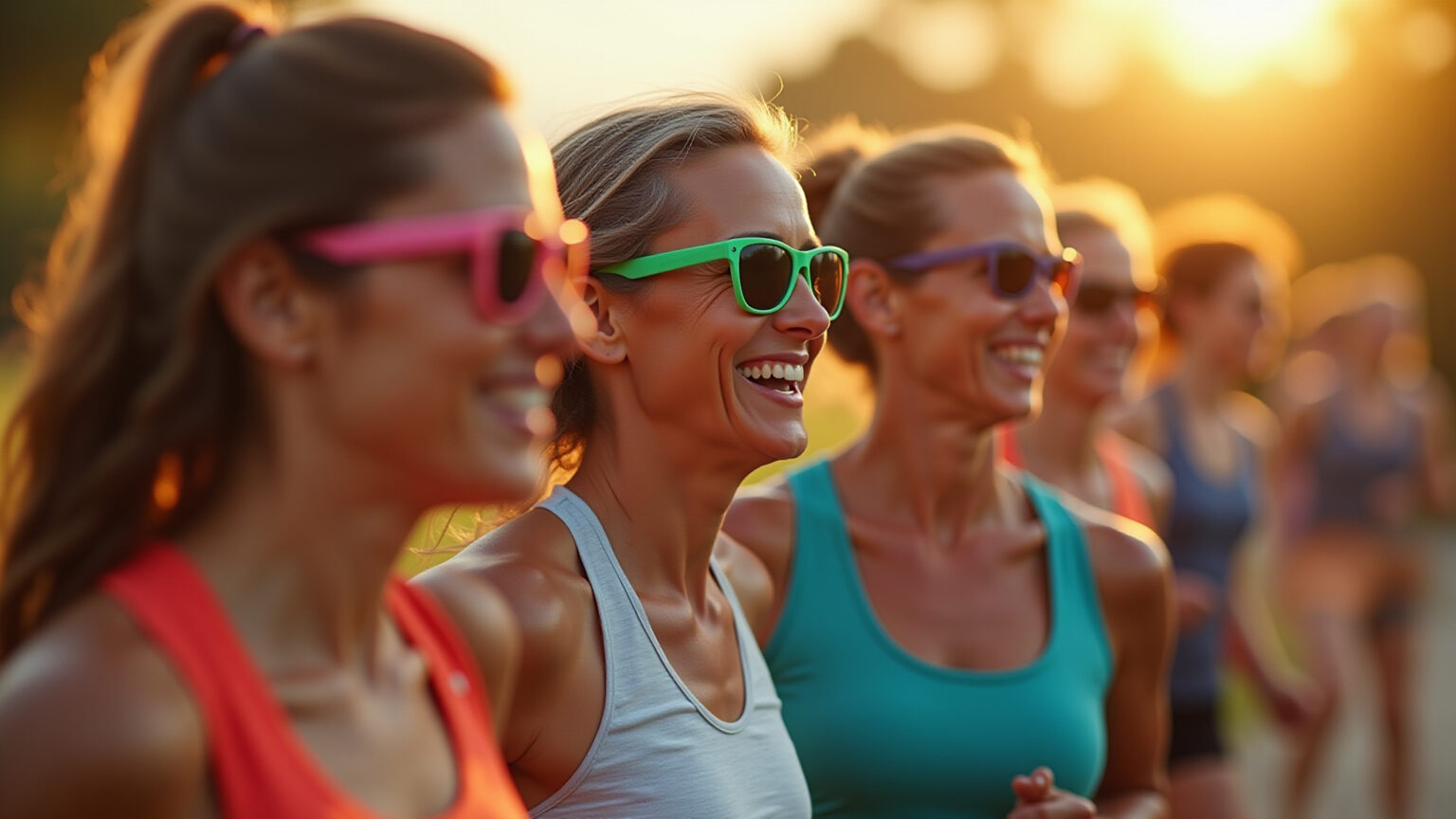 Mulheres brasileiras correndo com óculos de sol esportivos vibrantes.