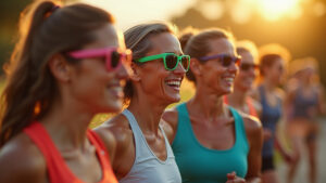 Mulheres brasileiras correndo com óculos de sol esportivos vibrantes.