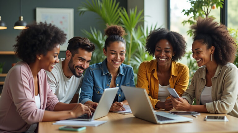 Pessoas brasileiras diversas usando tecnologia em um ambiente de trabalho moderno e vibrante.