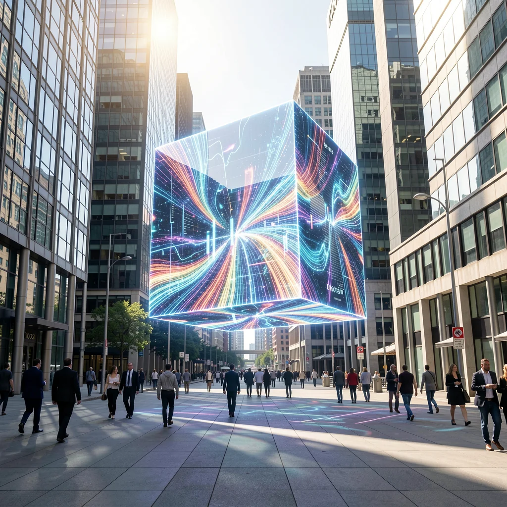 Uma instalação holográfica gigante e realista flutuando em uma praça urbana moderna e ensolarada.