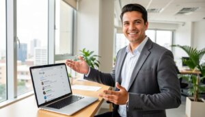 Homem sorrindo apontando para tela de computador com resultados do Google