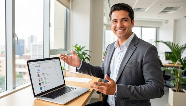 Homem sorrindo apontando para tela de computador com resultados do Google