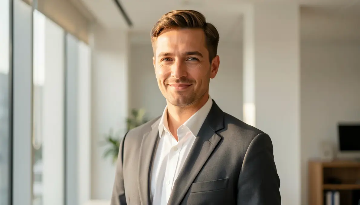 Empreendedor confiante em um escritório moderno e iluminado, transmitindo sucesso e profissionalismo.