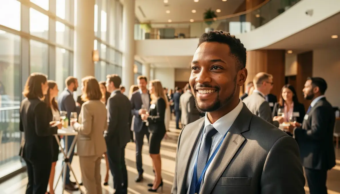 Profissional sorridente em um evento corporativo moderno e iluminado.