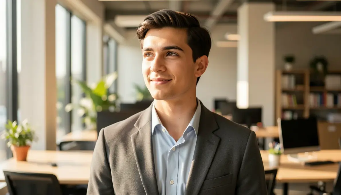 Empreendedor jovem e confiante em um escritório moderno e iluminado, representando o crescimento profissional.