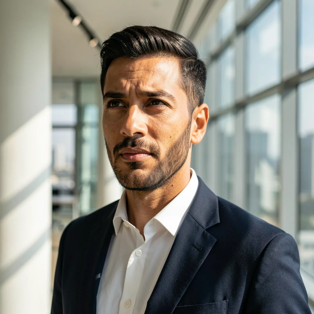 Diretor criativo em um escritório moderno e iluminado, transmitindo inspiração e profissionalismo.