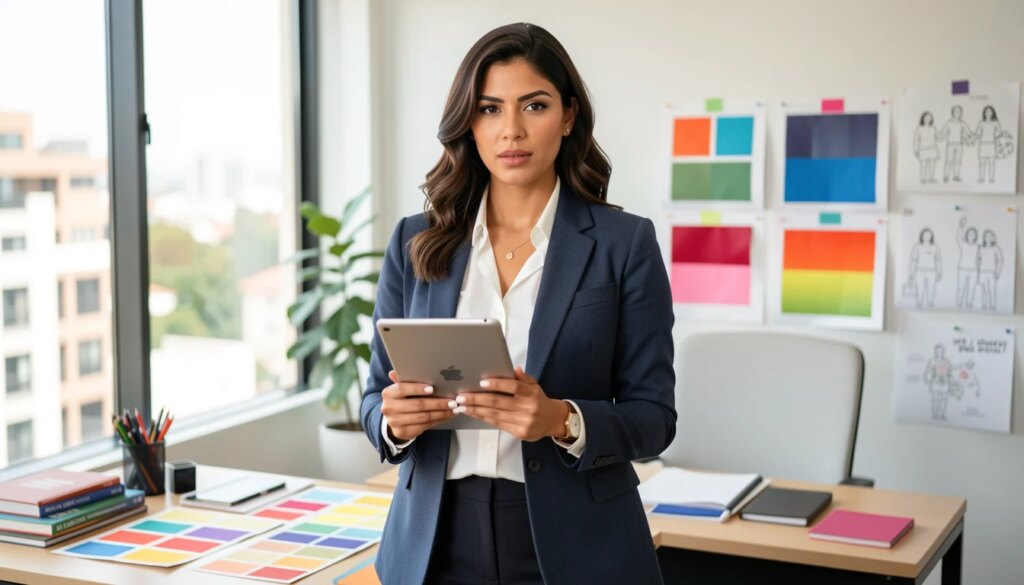 Mulher de negócios confiante em escritório moderno com materiais de branding.