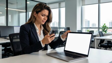 Empresário brasileiro comparando assistente de IA no celular com site corporativo vazio no laptop.