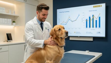 Veterinário brasileiro examinando um cão dourado em clínica moderna com gráficos de saúde ao fundo