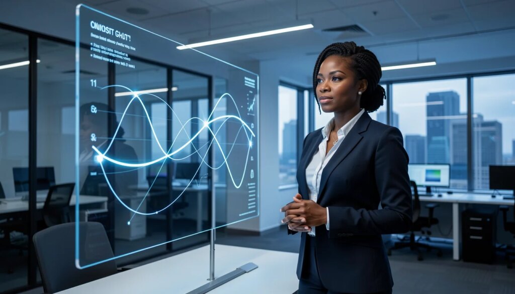 Mulher negra executiva em escritório moderno com painel de tecnologia abstrato