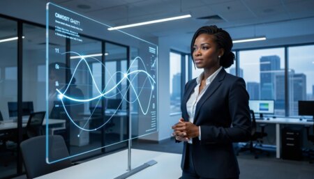 Mulher negra executiva em escritório moderno com painel de tecnologia abstrato