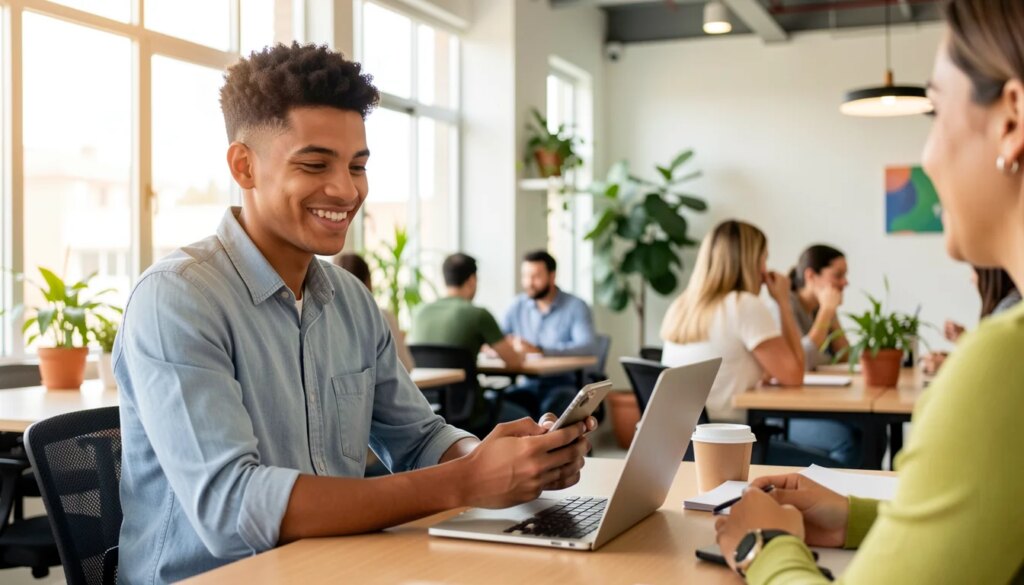 Atendimento que encanta: como personalizar WhatsApp e Instagram do seu negócio Empreendedor brasileiro atendendo cliente pelo celular em ambiente moderno