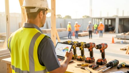 Engenheiro brasileiro em canteiro de obras com ferramentas profissionais e tablet digital