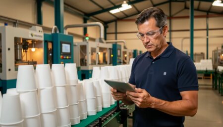 Fábrica de Copos Plásticos Personalizados: Como Dados Preveem Demanda e Protegem a Margem Gestor analisa dados em tablet na linha de produção de fábrica de copos plásticos personalizados