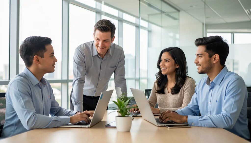 Jovens talentos em programa trainee em escritório corporativo moderno, marca empregadora e desenvolvimento profissional