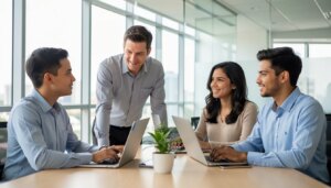 Programa trainee CBMM: marca empregadora que atrai, desenvolve e retém talentos Jovens talentos em programa trainee em escritório corporativo moderno, marca empregadora e desenvolvimento profissional