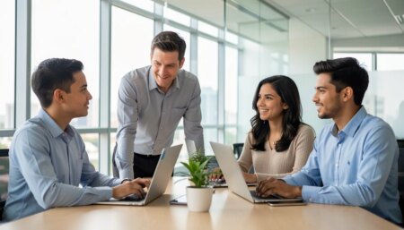 Jovens talentos em programa trainee em escritório corporativo moderno, marca empregadora e desenvolvimento profissional
