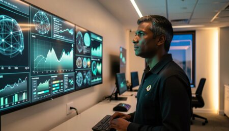 Profissional brasileiro observa telas com visualizações de dados de IA em ambiente tecnológico moderno