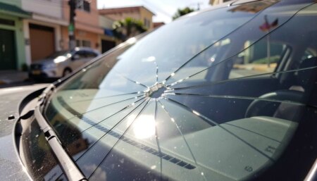 Trinca pequena no para-brisa pode aumentar? Entenda os riscos Trinca pequena no para-brisa de carro sob luz solar, risco de aumento
