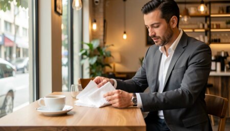 Gestor avalia guardanapos de papel personalizados em restaurante moderno
