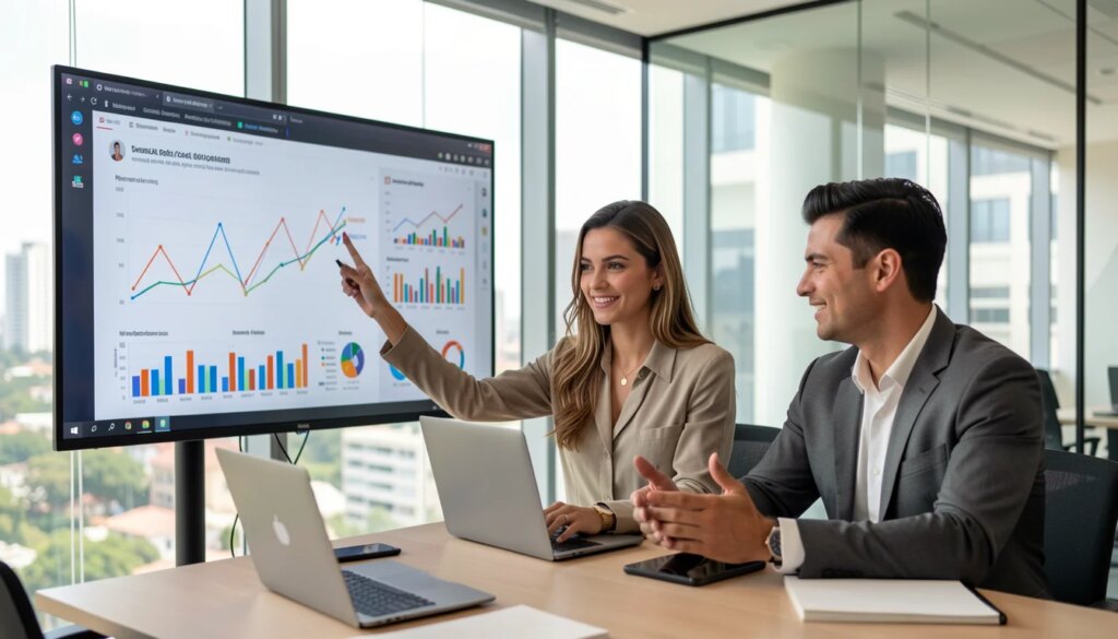 Melhores agências de performance para otimizar campanhas digitais Equipe brasileira de marketing analisando gráficos de performance em escritório moderno